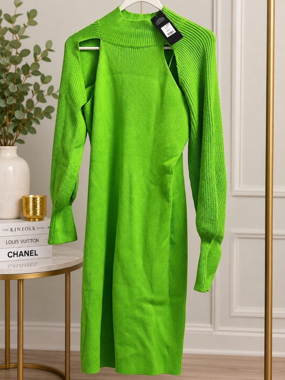 Fashion Nova Neon Green Ribbed Sweater Mini Dress